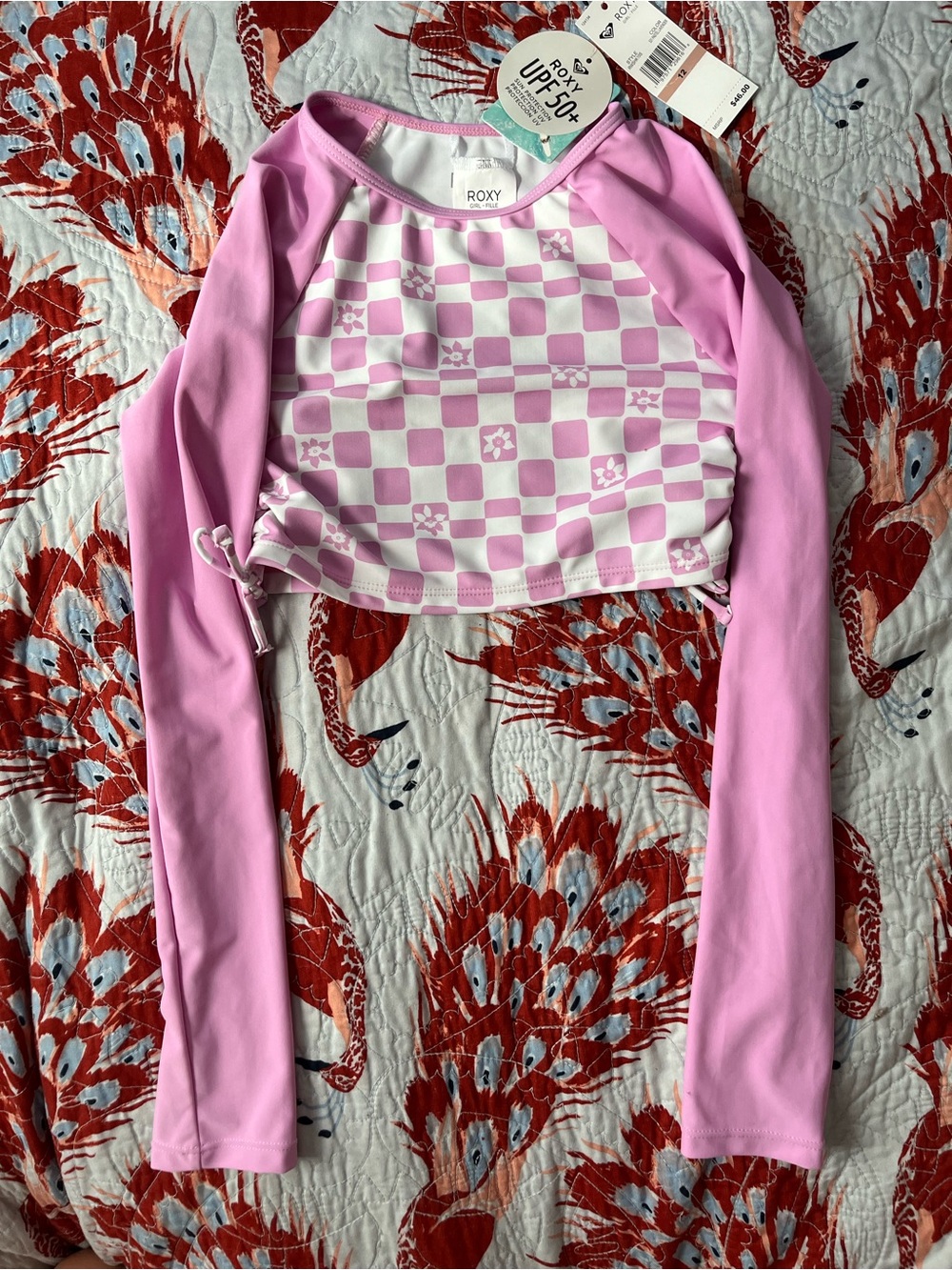 Roxy Pink and White Cropped Checkerboard Rash Guard